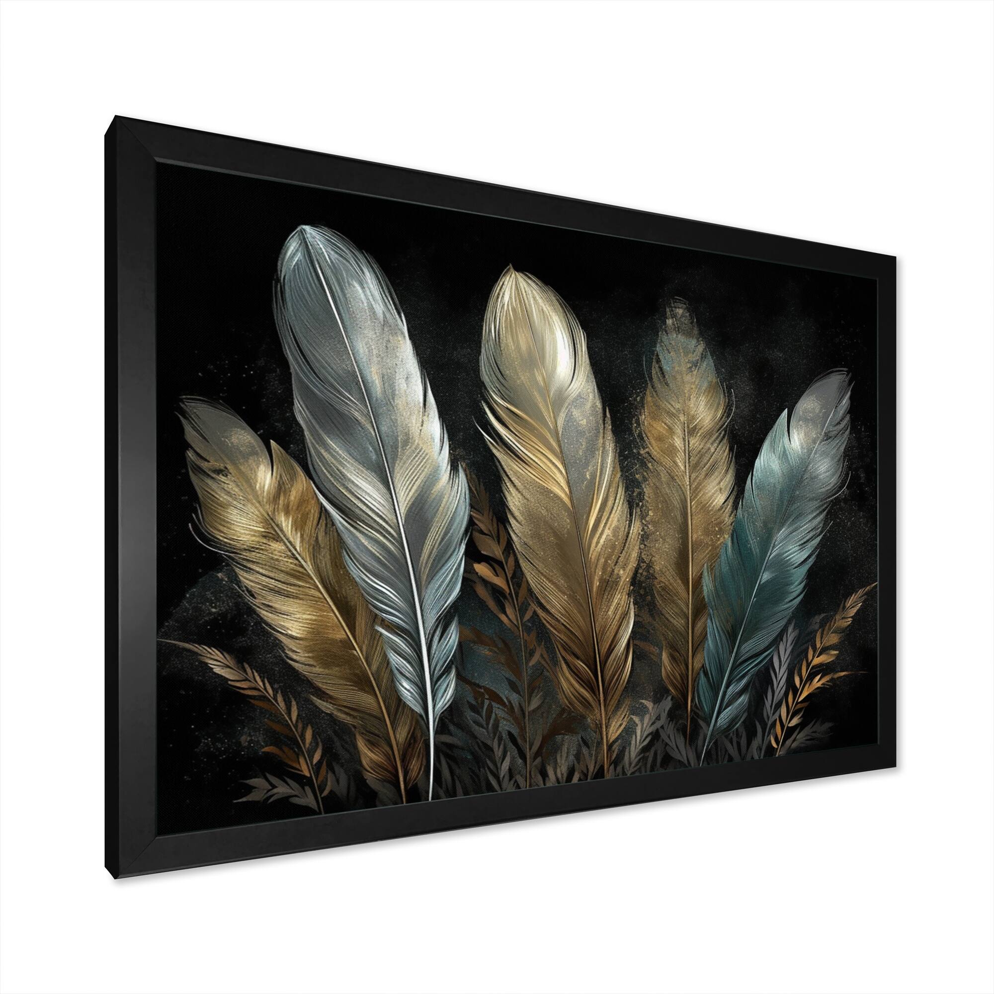 Designart "Gold Gilded Feathers Ii" Glam Feather Framed Canvas Wall Art